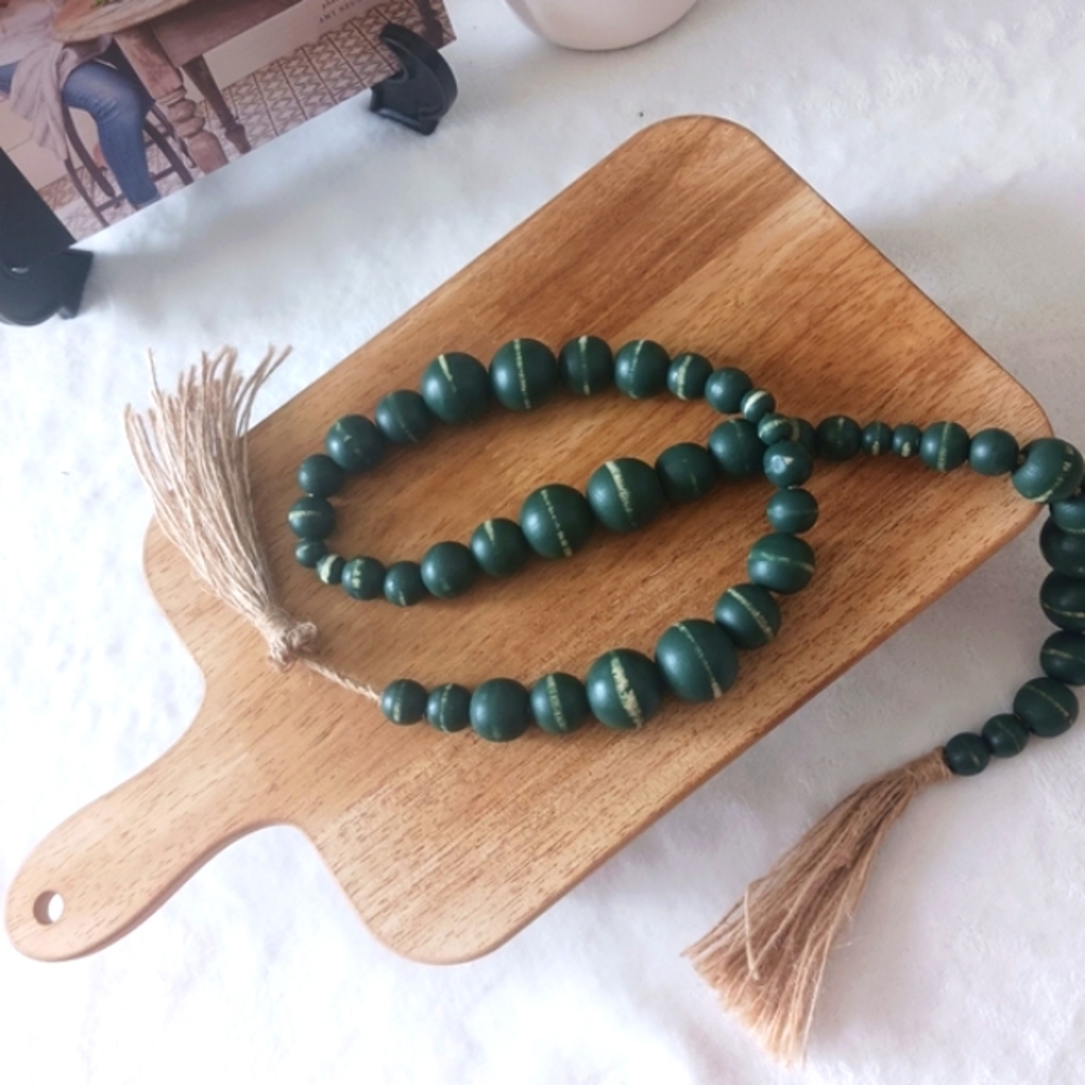 Boho Wooden Round Bead Garland w/ Jute Tassels
